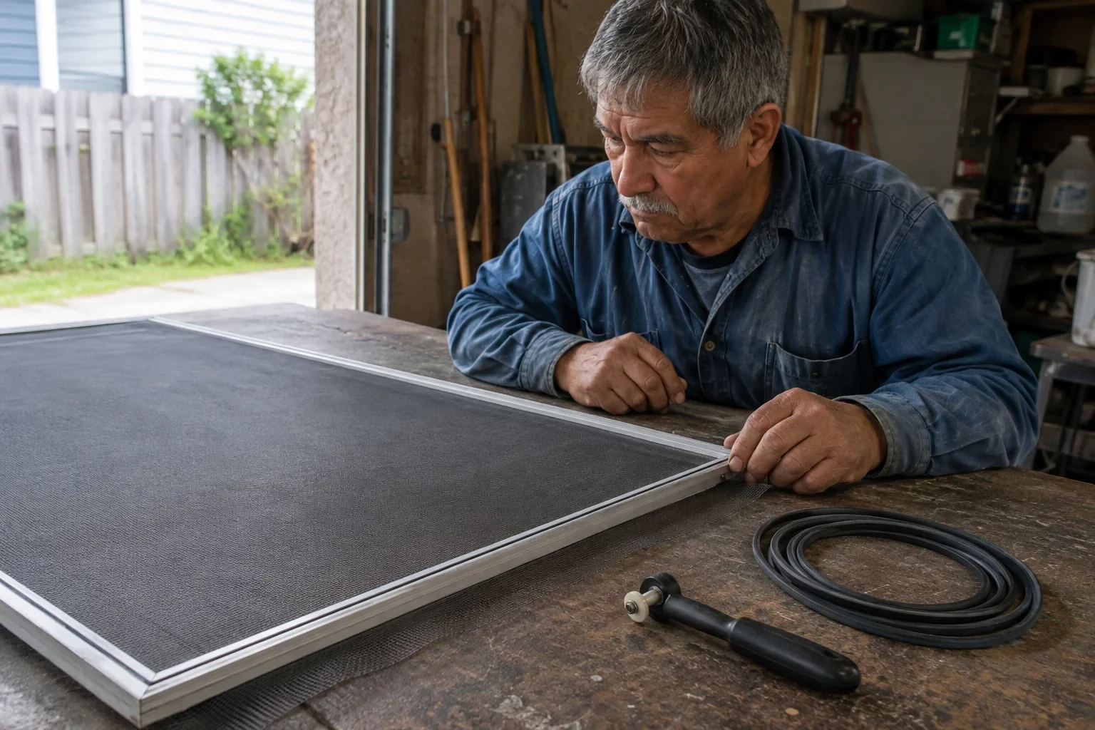 Technician examining a mesh window screen beside spline and a roller tool.